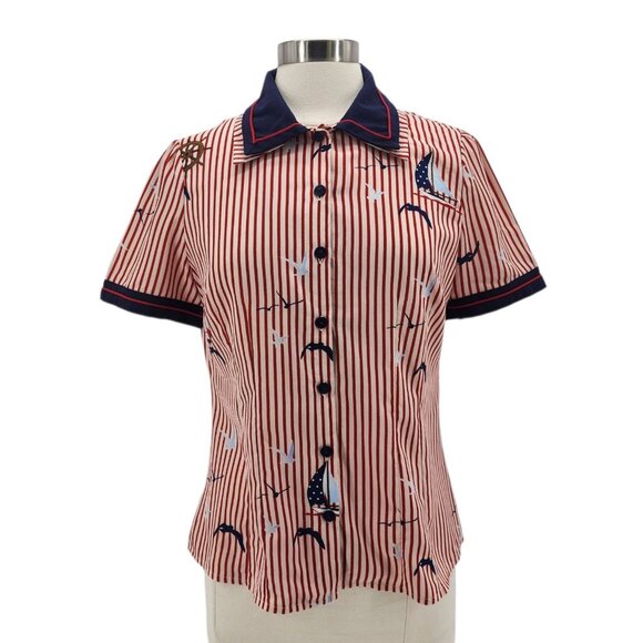 Hell Bunny Womens Medium Top Avery Blouse Sailboat Birds Striped Pinup Retro Red - Picture 10 of 11